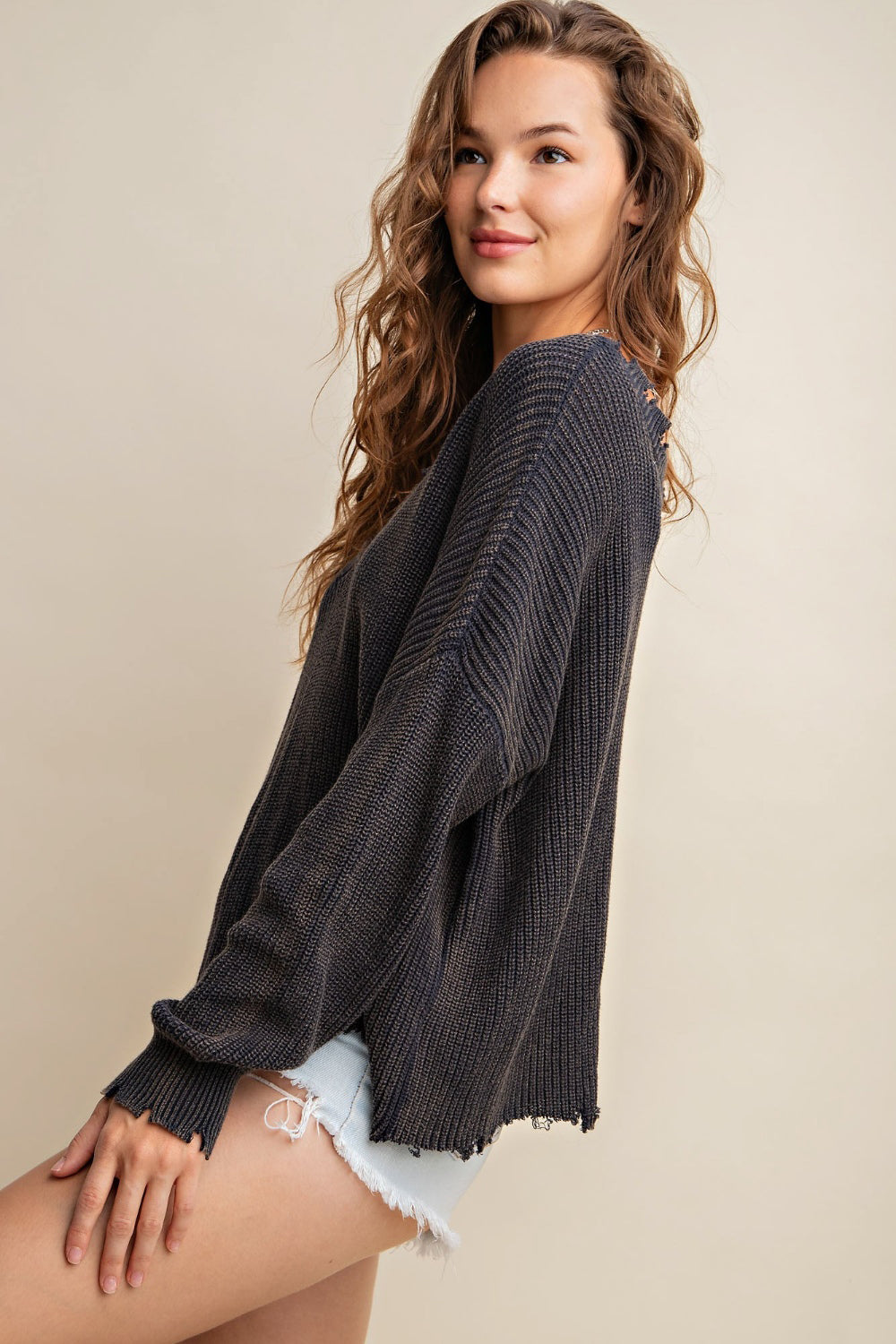 Charcoal Distressed V-Neck Sweater