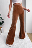LiveFashionWay - Solid Color High Waist Flare Corduroy Pants: S / Chestnut / 90%Polyester+10%Elastane