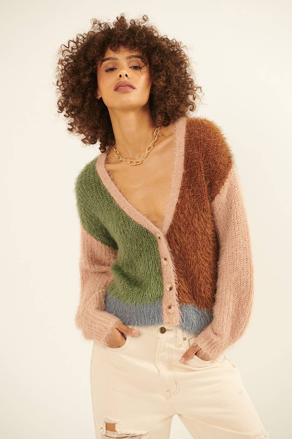 Furry Knit Colorblock V-Neck Cardigan Sweater: S / Grey-Navy