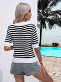 Striped Johnny Collar Half Sleeve Knit Top (Color Options)