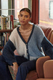 Furry Knit Colorblock V-Neck Cardigan Sweater: S / Grey-Navy