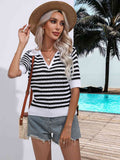 Striped Johnny Collar Half Sleeve Knit Top (Color Options)