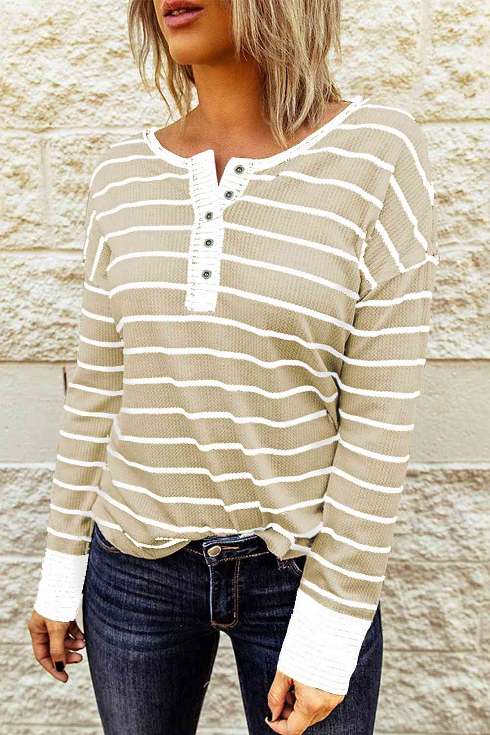 Striped Waffle Knit Henley Long Sleeve Top (Color Options)