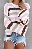 Striped Slit Round Neck Dropped Shoulder Sweater (Color Options)